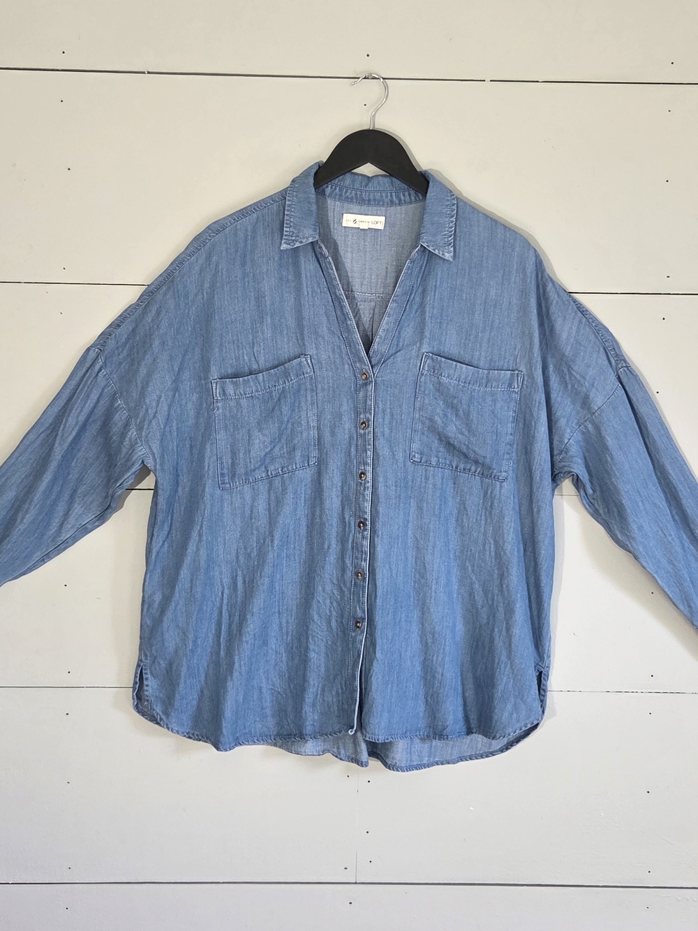 Lou & Grey for LOFT Blue Chambray Button-Up Shirt Collared 3/4 Sleeve XL